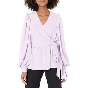 TRINA TURK Aquatic Faux-Wrap Bishop-Sleeve Top Tie Blouse Light Purple XS